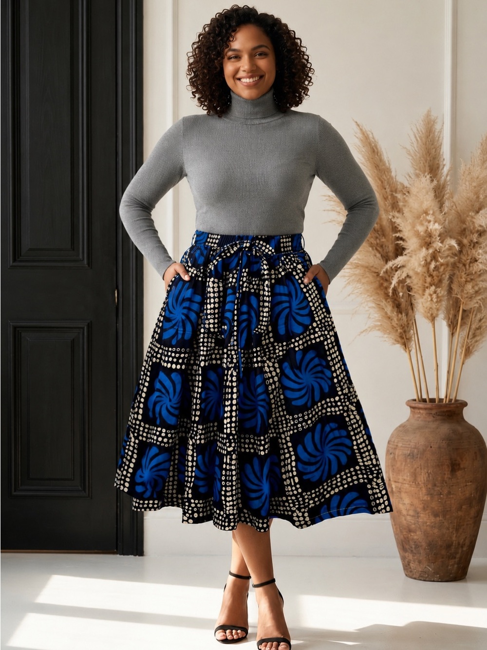 ▪︎Women Ankara Midi Flare Skirt with Head Wrap
